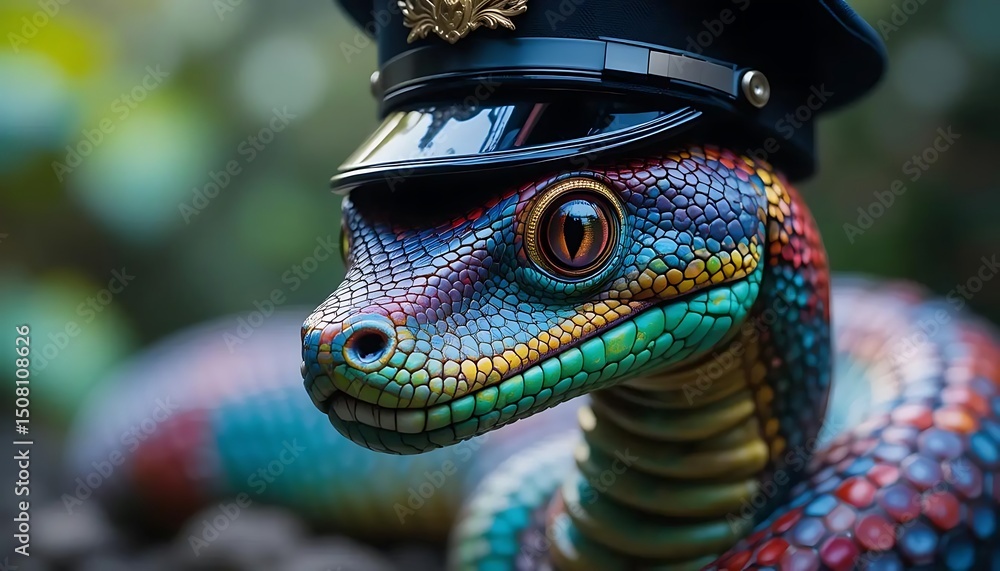 a colorful snake wearing a police cap with natural background a colorful snake wearing a police cap with natural background