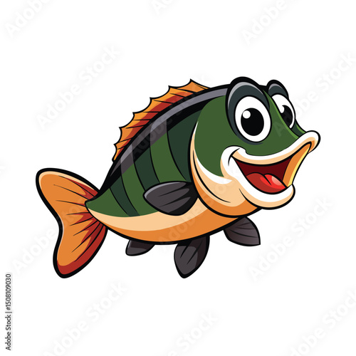 Smiling cartoon fish with orange fins and a green body happily swims forward