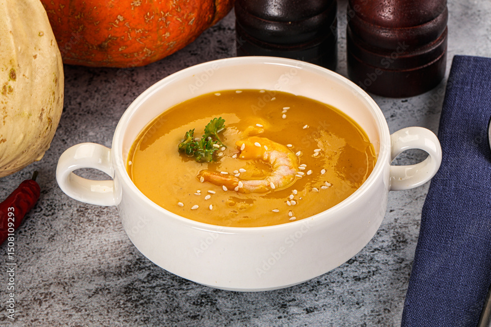 Pumpkin cream soup with prawns Pumpkin cream soup with prawns