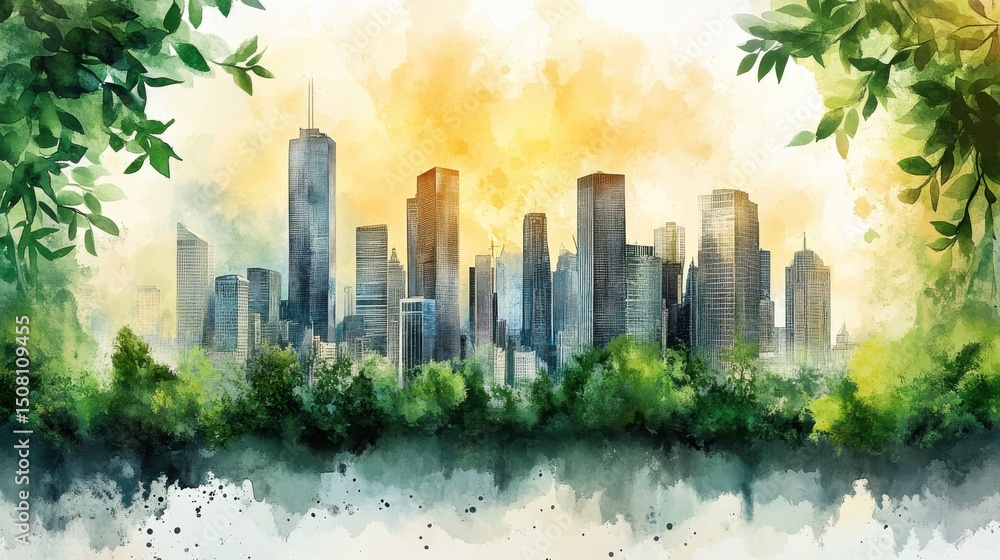 Obraz premium Serene Cityscape Watercolor Painting at Sunset