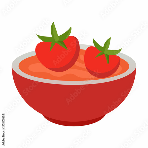 Tomato sauce in bowl and fresh tomatoes vector icon on white background.