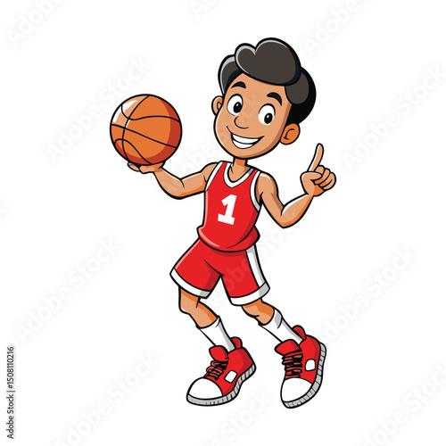 Smiling young Hispanic basketball player holds ball and points upwards in his red jersey