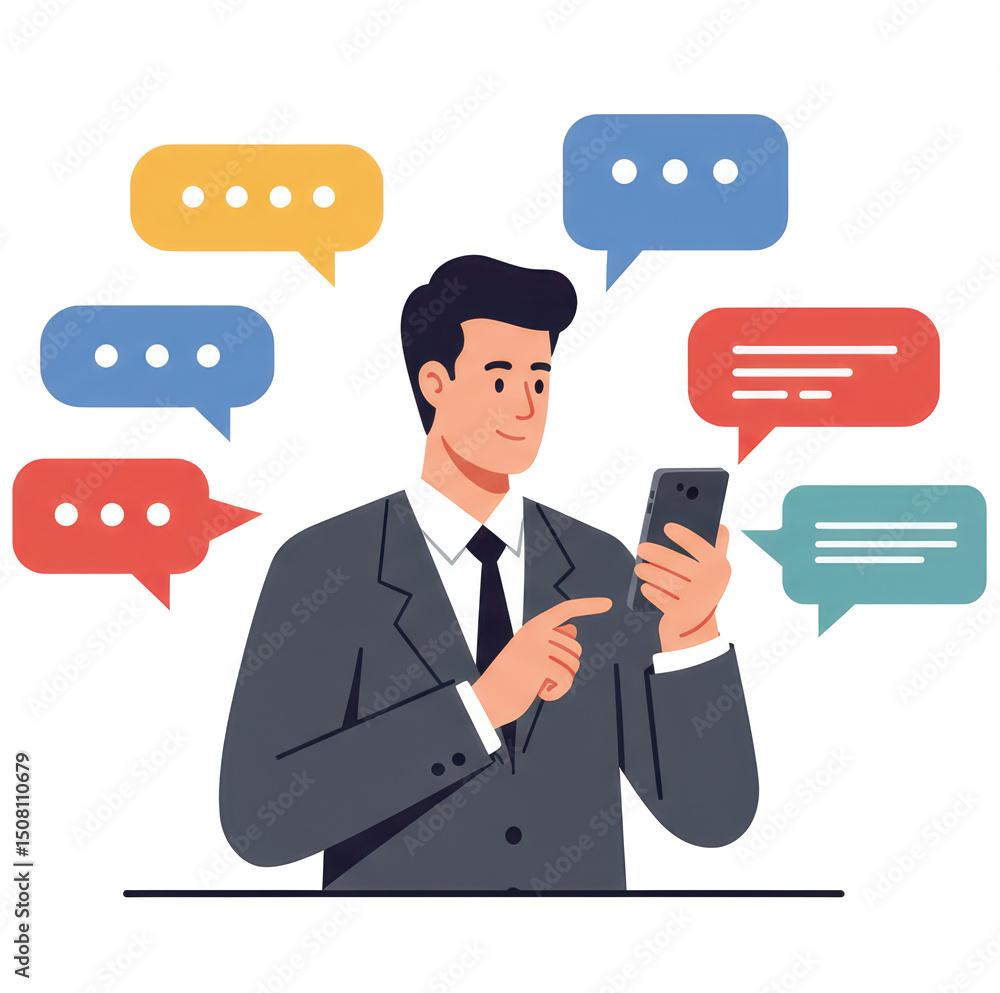 Man Using Smartphone with Message Bubbles Man Using Smartphone with Message Bubbles