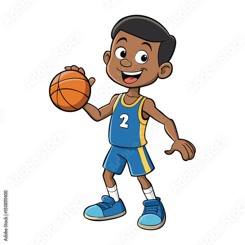 Young African American boy holds basketball while wearing a blue and yellow number two uniform