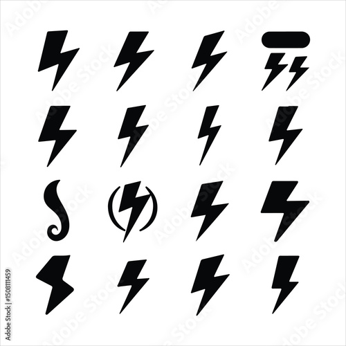 Set of Black Lightning Bolt Silhouette Icons