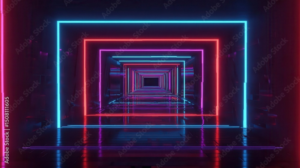 Fototapeta premium Abstract Floating Rectangles Forming Neon Tunnel