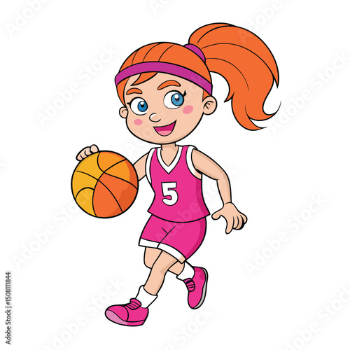 Young redhead girl dribbles the basketball while wearing a pink uniform number five