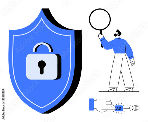 Shield with lock symbolizing security, user holding magnifying glass researching, clicking ad for monetization. Ideal for cybersecurity, data safety, user behavior, online advertisements, research