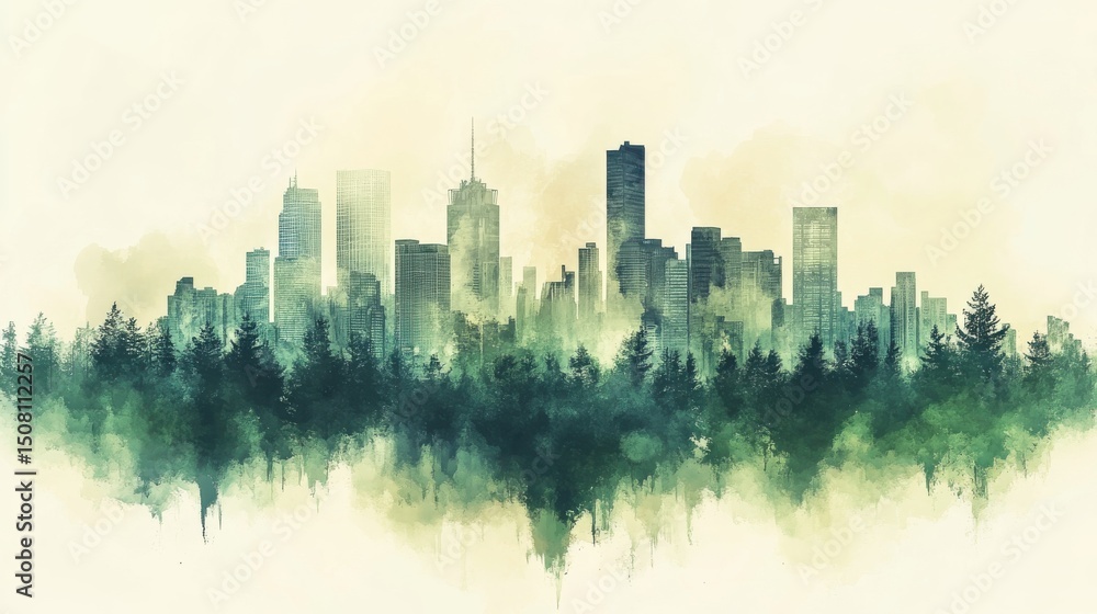 Obraz premium Watercolor City Skyline Emerging from Forest, Green and Beige Tones
