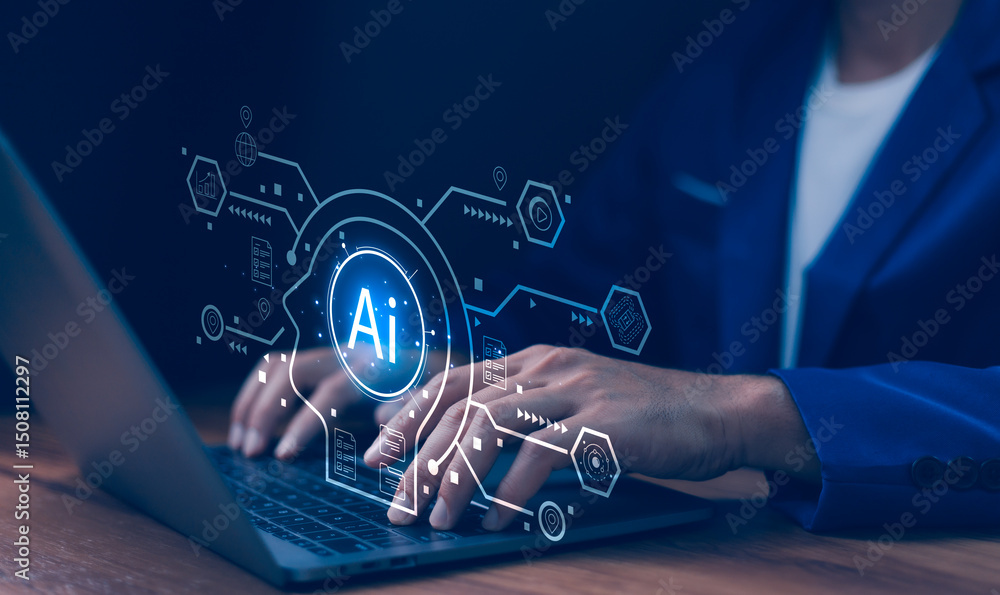 Businessman used a laptop with glowing artificial intelligence. AI brain hologram, data analysis and technology icons. Concept AI-driven data analytics, smart business solutions, machine learning.