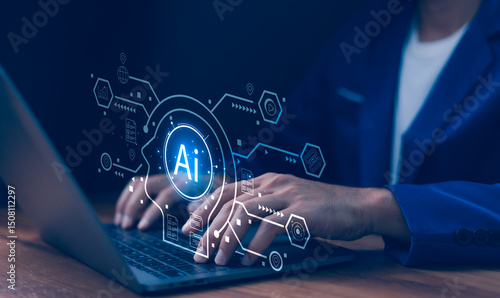 Obraz na płótnie Businessman used a laptop with glowing artificial intelligence. AI brain hologram, data analysis and technology icons. Concept AI-driven data analytics, smart business solutions, machine learning. w salonie