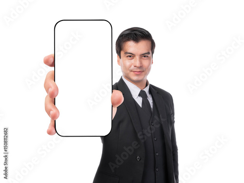 Confident businessman in black suit showing smartphone with blank screen towards camera, promoting app or digital content, isolated on a transparent background, close-up hand focus