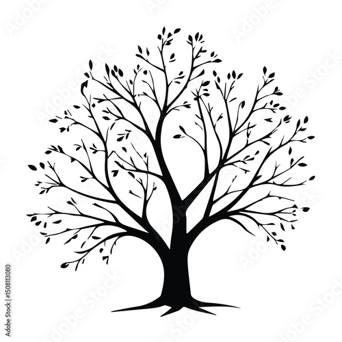 Black and white silhouette of a stylized tree with intricate branching and leaf details. Simple, elegant design for nature-themed prints or décor.