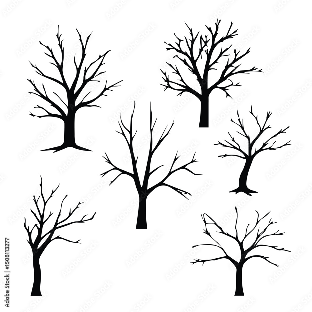Obraz premium Bare tree silhouettes against a white background. Simple, stylized depictions of deciduous trees in various positions.