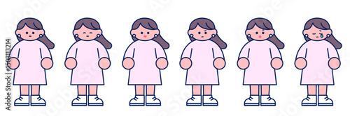 シンプルポップな女性の全身イラスト/表情セット