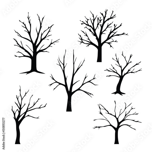 Bare tree silhouettes against a white background. Simple, stylized depictions of deciduous trees in various positions.