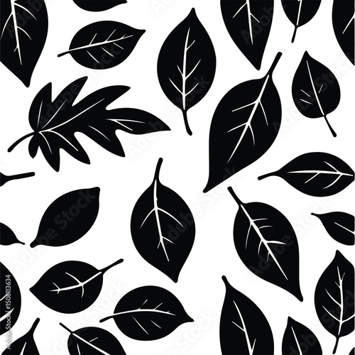 Black and white leaf design pattern. Silhouette leaves scattered across a plain background.