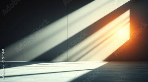 Sunlight and window shadows on empty concrete room background, modern architectural interior space with bright light