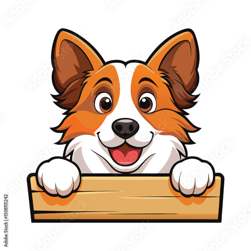 Cartoon Corgi Puppy Smiling Behind Wooden Board with White Paws and Happy Expression