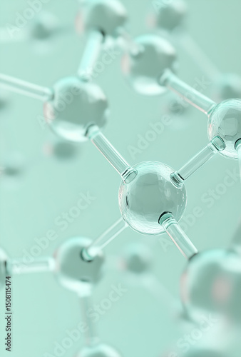 Molecular structure model with blue spheres and transparent rods. Molecule, peptide structure, biotechnology, cosmetic, nanotechnology, molecular research, chemistry, skincare, anti-aging formula