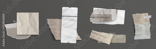 Torn paper elements set - various ripped rectangular shapes with ragged edges and shadows. Realistic newspaper clipping scraps and note snippets for scrapbooking or collages. Aged page cutouts.