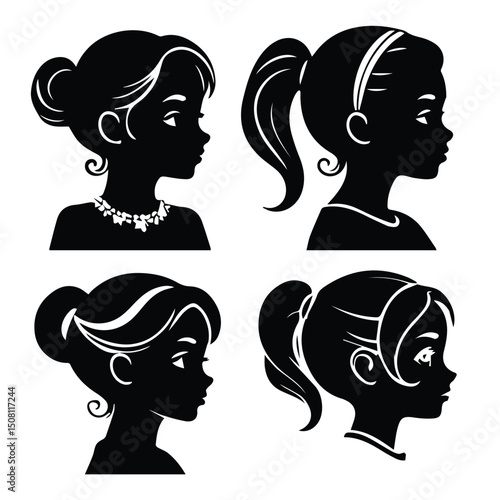 Silhouette profile of girls with various hairstyles in a plain white background. Adorable and stylized depictions of children in different fashion.