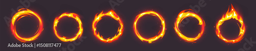 Burning fire ring frames set - round borders made of flames. Fiery circular elements, blazing hot circles. Bright flaming design overlays for dramatic effects, danger symbols. Ignited hoop shapes.