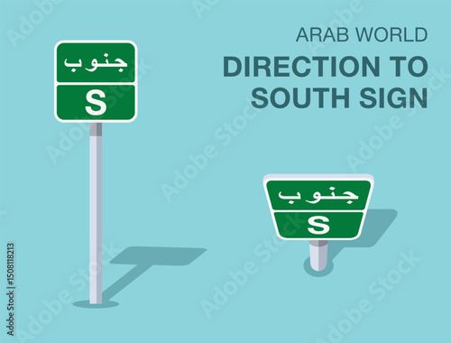Traffic regulation rules. Isolated Arab world "direction to south" road sign. Front and top view. Flat vector illustration template.