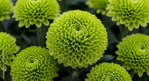 close up of a green plant.Vibrant Green Pompon Chrysanthemums: Lush Spherical Blooms.