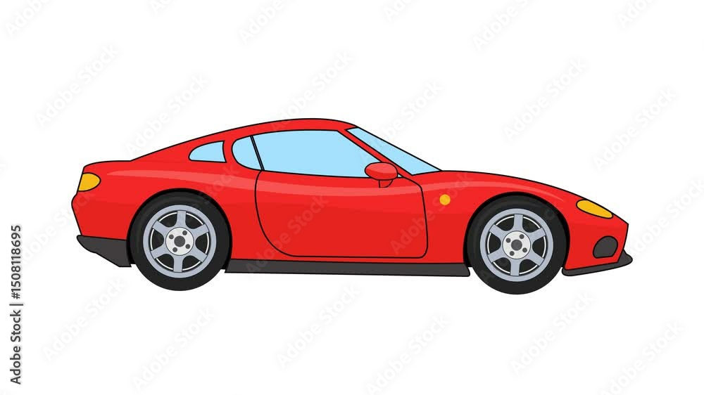 A 2D animated cartoon of a classic sports car driving on a white screen background, rendered in 4K resolution. A 2D animated cartoon of a classic sports car driving on a white screen background, rendered in 4K resolution.