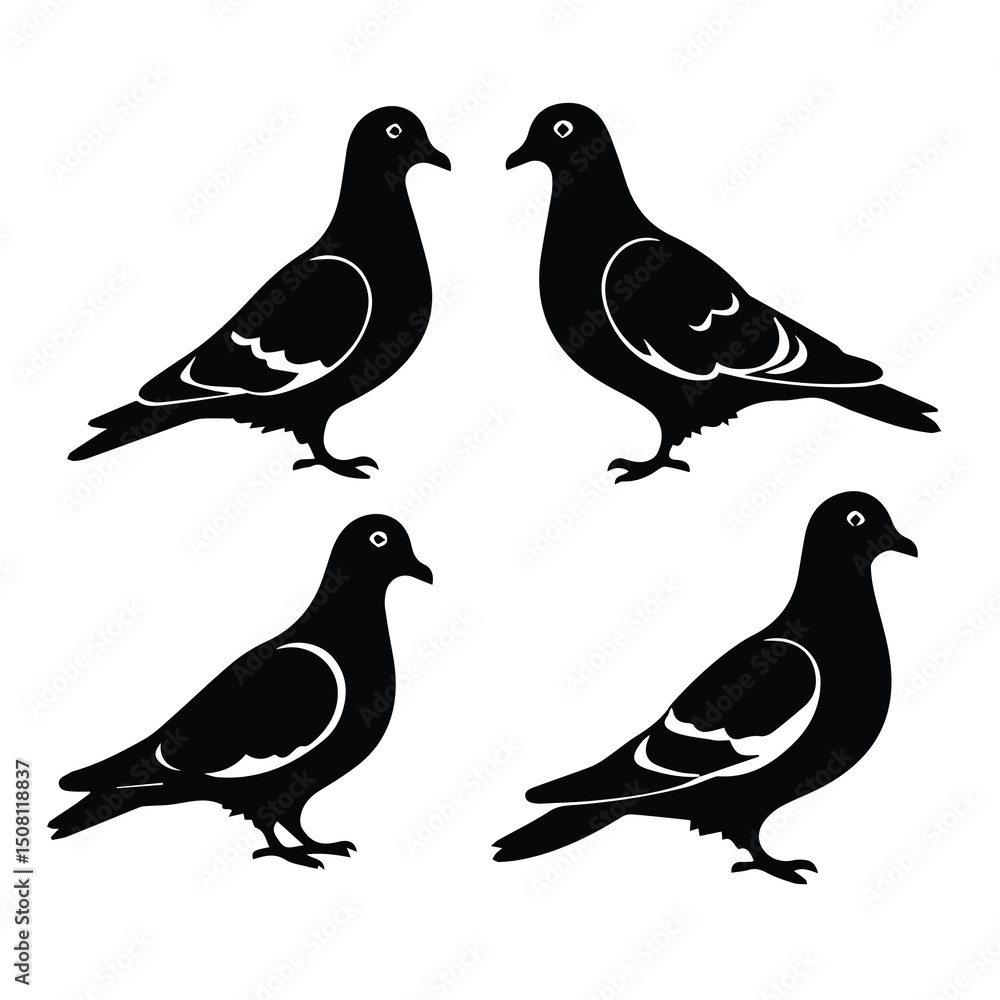 Fototapeta premium Black and white silhouette of pigeons in profile view. Four pigeons in profile view on a plain white background.