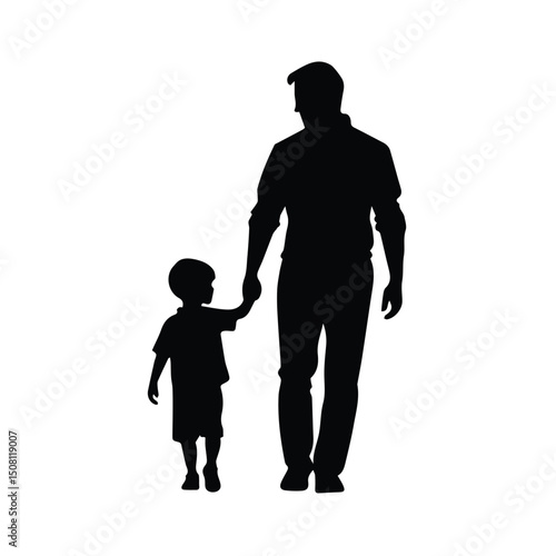 Father and son silhouette holding hands, walking outdoors. Silhouette of a father and son walking hand-in-hand in a park.