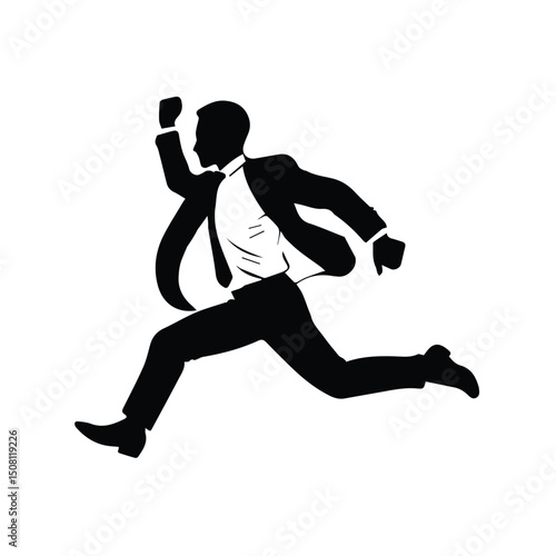 Businessman in formal wear running in a dynamic pose against a plain background. Success-oriented male professional in a modern office environment. A bold, illustrative silhouette.