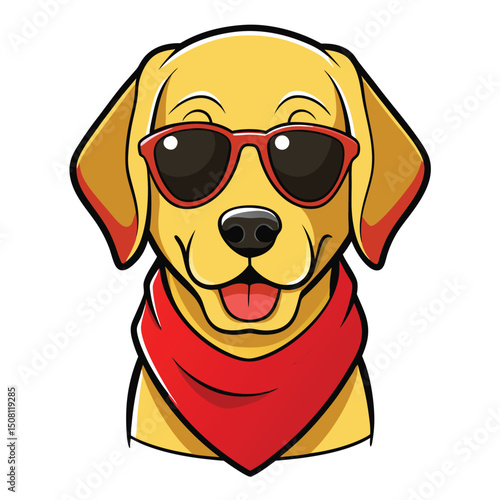 Cartoon Golden Retriever Dog Wearing Sunglasses and Red Bandana Illustration
