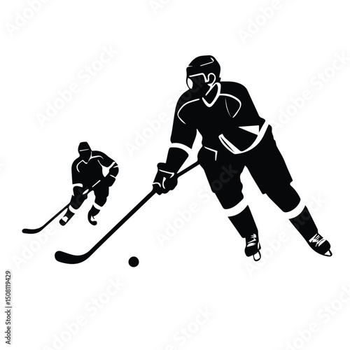 Hockey players in action on ice rink. Silhouette of two hockey players in dynamic skating poses, one striking the puck.