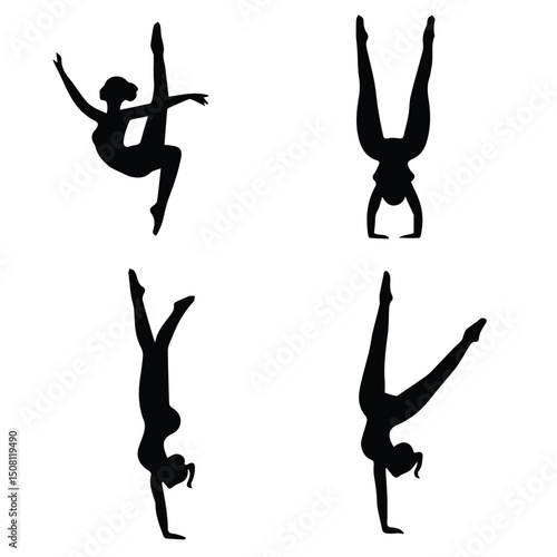 Female gymnasts in various handstand poses against a plain background. Athletic women performing acrobatic feats in a studio setting.