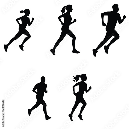 Running silhouettes of diverse adults in athletic attire. Dynamic poses of runners in motion against a plain white background.