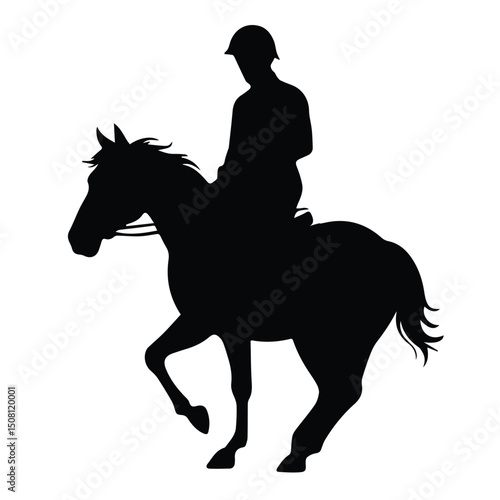 A male equestrian in a helmet and riding apparel is astride a horse in a dynamic, forward-facing pose. Equestrian professional at a rural competition venue. Silhouette.