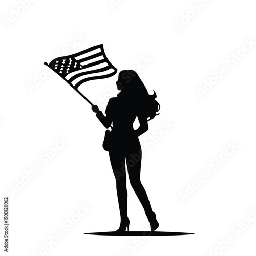Female silhouette holding American flag in a fashion-forward pose. Young woman displays pride in her country in an urban setting. Tourist or patriotic activist in a downtown area -