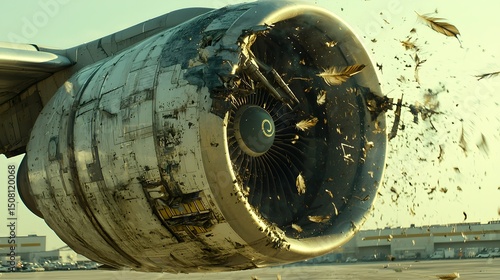 
A close-up of a commercial airplane engine showing visible damage and bird feathers stuck to the intake fan area, under a clear sky


