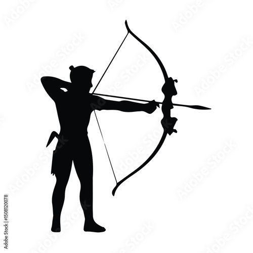 Silhouette of a male archer in a poised stance with a bow and arrow. Action shot of a skilled archer in a outdoor setting.