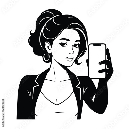 Young woman taking a selfie in a stylish black jacket and top. Modern female professional in urban setting. Fashionable female influencer taking a self-portrait.