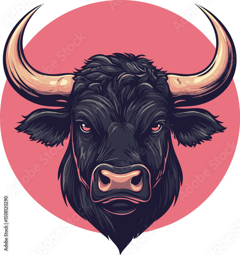 Bold Vector Illustration of a Fierce Bull Head with Large Horns – Ideal for Finance Logos, Sports Mascots, and Western Branding