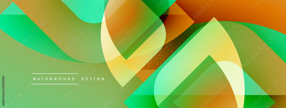 Obraz premium Abstract geometric shapes overlap, creating vibrant gradients. Green, yellow, orange hues dominate design. Modern background texture.