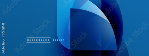 Abstract blue design features overlapping squares, gradients, smooth transitions. Minimalist style with text indicating background element.