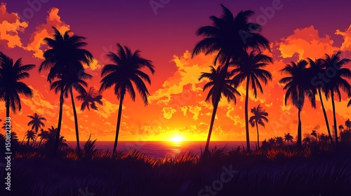 A breathtaking tropical sunset  with vibrant orange and purple hues painting the sky as a silhouette of tall palm trees sways gently in the breeze. 