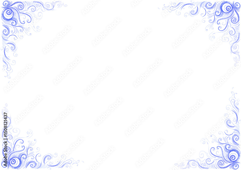 Frame. In each corner of background there are patterns consisting of curls, thin delicate lines. Different shades of blue. Drawing with colored pencils. White copy space. Elegant and delicate. Frame. In each corner of background there are patterns consisting of curls, thin delicate lines. Different shades of blue. Drawing with colored pencils. White copy space. Elegant and delicate.