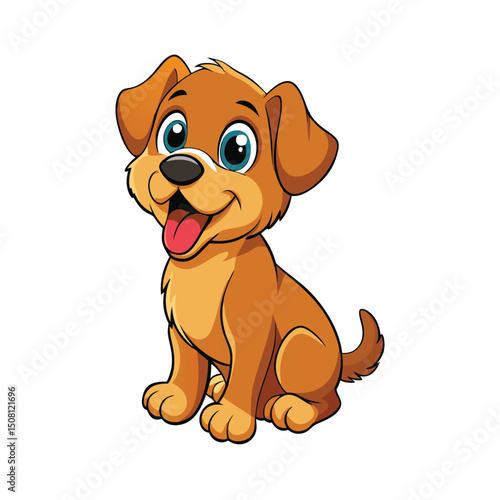 Cartoon Tan Puppy Dog Sitting with Open Mouth and Protruding Tongue