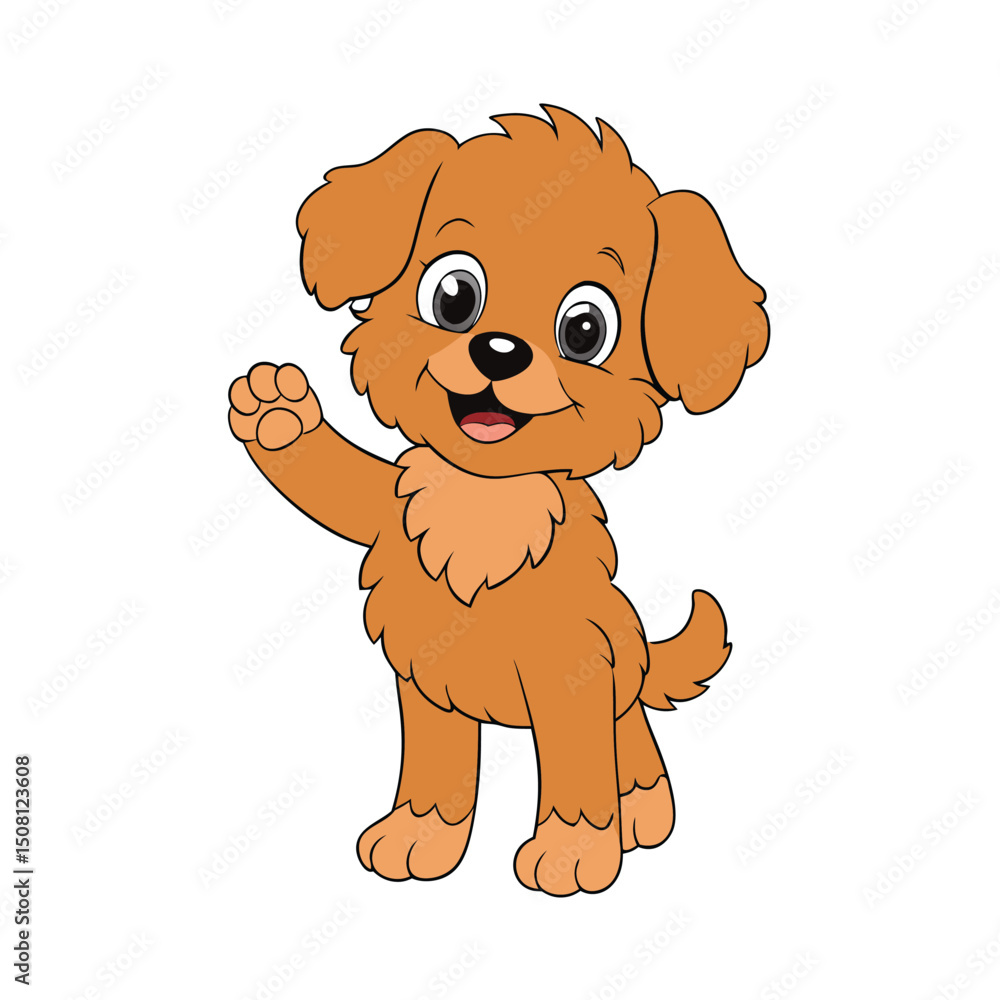 Fototapeta premium Cheerful Cartoon Puppy with Paw Up, GoldenBrown Fur, Isolated Illustration on White