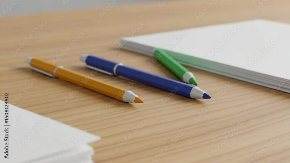 Stack of white paper sheets with colorful pens on a wooden desk surface Stack of white paper sheets with colorful pens on a wooden desk surface